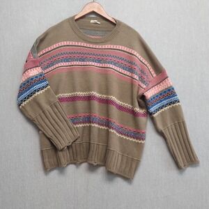 Easel‎ Knit Sweater Womens 1X Plus Taupe Multi Stripe Relaxed Boho Cozy Pullover
